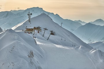 Skiing slope in the French Alpes, Paradiski, La Plagne