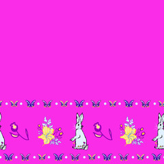 Vector pink background rabbits & butterfly bouquet garden boarder pattern illustration for birthday, fabric, party event, decoration gift wrap, scrapbook project, print fabric, wallpaper, textile 