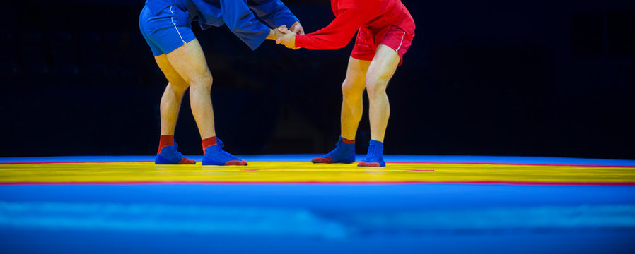 Two men in blue and red sambo wrestling on a yellow wrestling carpet in the gym
