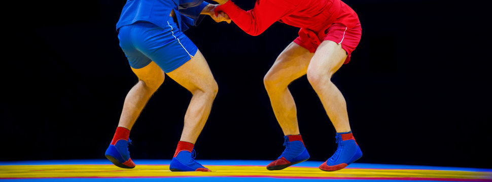 Two men in blue and red sambo wrestling on a yellow wrestling carpet in the gym