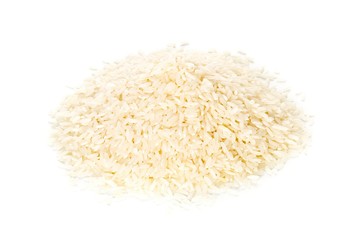 Heap of white uncooked, raw long grain rice on white