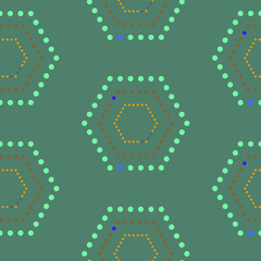 Seamless pattern with sexangles six-sided shapes of dotted lines. Folksy ethnic theme texture. Green cold colored background. Vector. 8 EPS - 309852488