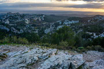 Fototapeta na wymiar View of the Baux de Provence at sunset from a vantage point in the Alpilles at sunset, south of France.