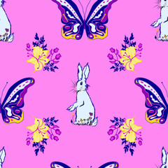 Obraz na płótnie Canvas Vector pink background rabbit butterflies bouquet & flower garden seamless pattern illustration for birthday, fabric, party, event, decoration, gift wrap, scrapbook, project, print, wallpaper, textile