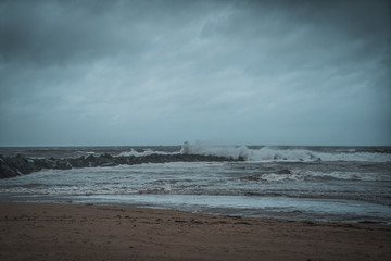 Giant waves in the temporary fort in San Sebastian in winter. Basque Country