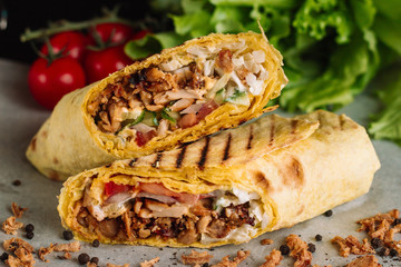 Shawarma sandwich gyro fresh roll of lavash pita bread chicken beef shawarma falafel RecipeTin...