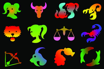 Multi-colored zodiac signs on a black background.