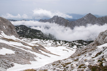 Fototapeta na wymiar Snow covering mountains in Triglav National Park, Slovenia