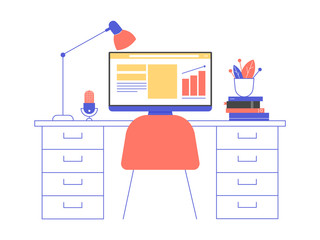 Home office. Desk, computer with graphs, microphone, books, potted flower, lamp. Bright vector flat illustration.