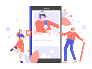Podcasts, radio, online courses, webinars. Young people study, listen to a lecture on a smartphone. Distance online education. Vector flat illustration.