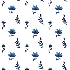 Watercolor flowers handmade in indigo. Blue flower seamless pattern. Isoleted on white background. Classic blue. Floral pattern