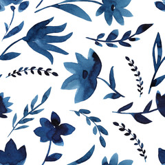 Watercolor flowers handmade in indigo. Blue flower seamless pattern. Isoleted on white background. Classic blue. Floral pattern