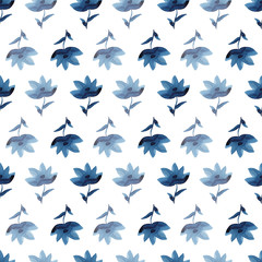 Watercolor flowers are handmade in indigo. Blue flower seamless pattern. Isolated on white background.  Floral classic blue