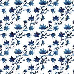 Watercolor flowers handmade in indigo. Blue flower seamless pattern. Isoleted on white background. Classic blue. Floral pattern