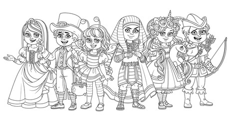 Children in carnival costumes princess, robin hood, egyptian pharaoh, unicorn, bee, leprechaun characters outlined for coloring page