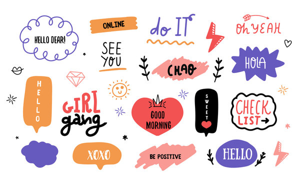 Modern Doodle Social Power Lettering Sticker Pack With Speech Bubbles, Typographic Message Set, Vector Chat Badge