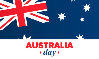 Australia Day. National happy holiday, celebrated annual in January 26. Australian flag. Patriotic elements. Poster, card, banner and background. Vector illustration