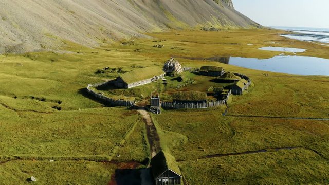 Icelandic aerial landscape with a viking village in Stokksnes.  Panorama of Vestrahorn mountain on a sunny day. 