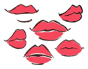 Red lips set hand drawn with ink paint brush