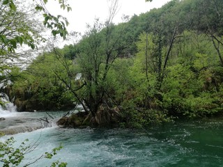 Naklejka premium Waterfal, lake, cascades, canyon and wooden bridge in Plitvice Lakes National Park, one of the oldest and largest national parks in Croatia, ex Yugoslavia