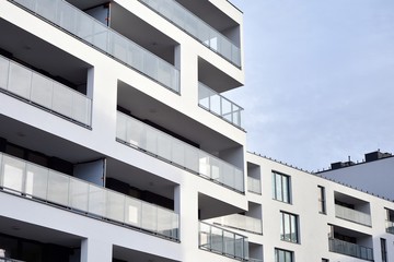 Modern and new apartment building. Multistoried modern, new and stylish living block of flats.