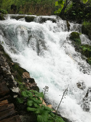 Waterfal, lake, cascades, canyon and wooden bridge in Plitvice Lakes National Park, one of the...