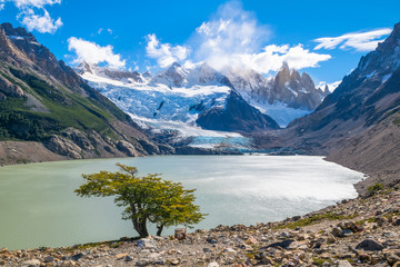 Beautiful view of Glacier and Laguna Torre with Cerro Torre in the background - Los Glaciares National Park - Patagonia, Argentina