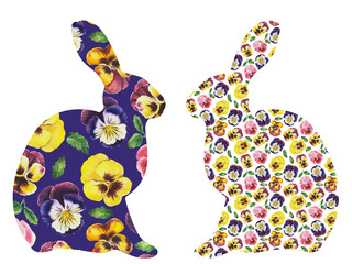 Watercolor happy Easter rabbit silhouette with pansy pattern, isolated on white. Stock illustration for textile decoration print, greeting card, spring decor, wrapping paper.