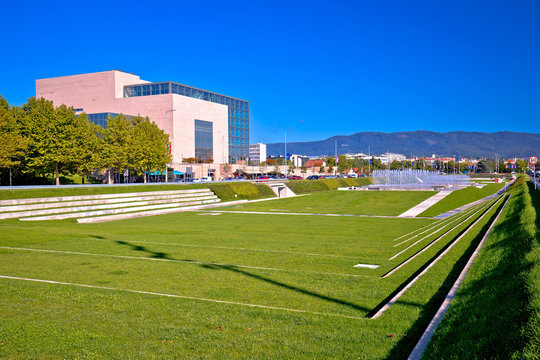 Zagreb. The National and University Library in Zagreb and fountains meadow view