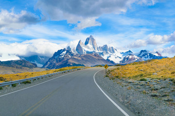 Fototapeta na wymiar Beautiful view of Mount Fitz Roy massif (Cerro Fitz Roy) from Route 23 in Los Glaciares National Park - Patagonia - Argentina