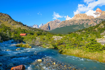 Fototapeta na wymiar Wonderful view of Mount Fitz Roy (Cerro Fitz Roy) in Los Glaciares National Park Patagonia near El Pilar Hostel - Patagonia - El Chalten - Argentina