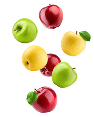 Falling colorful apples, red green and yellow fruit, isolated on white background, clipping path, full depth of field