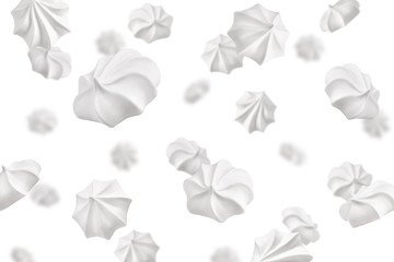 Falling meringue, zephyr, marshmallow, isolated on white background, selective focus
