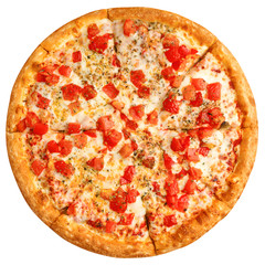 Pizza margarita, mozzarella cheese and tomato, isolated on white background, clipping path, full depth of field