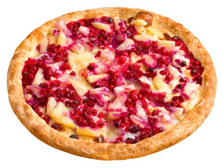 sweet pizza with berries and pineapples, isolated on white background, clipping path, full depth of field