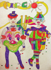 Naples, Italy - December 7, 2019: two colorful and cheerful circus clowns ,  pastels on cardboard. The artist is my youngest daughter