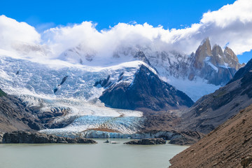 Fototapeta na wymiar Beautiful view of Glacier and Laguna Torre with Cerro Torre in the background - Los Glaciares National Park - Patagonia, Argentina