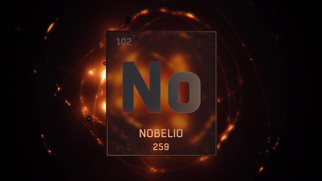 Nobelium as Element 102 of the Periodic Table. Seamlessly looping 3D animation on orange illuminated atom design background with orbiting electrons. Name, atomic weight, element number in Spanish lang