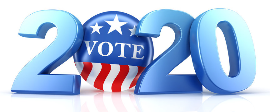 Vote 2020. Red, white, and blue voting pin in 2020 with Vote text. 3d render.