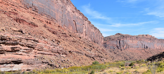 Moab Panorama views of Colorado River Highway UT 128  in Utah around  Hal and Jackass canyon and Red Cliffs Lodge on a Sunny morning in fall. Scenic nature near Canyonlands and Arches  National Park, 