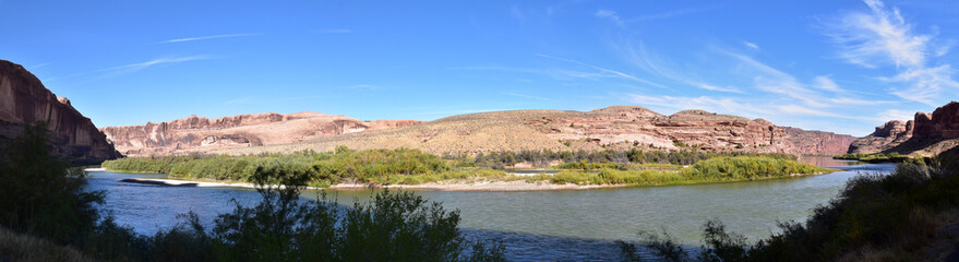 Moab Panorama views of Colorado River Highway UT 128  in Utah around  Hal and Jackass canyon and Red Cliffs Lodge on a Sunny morning in fall. Scenic nature near Canyonlands and Arches  National Park, 