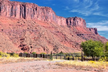 Moab Panorama views of Colorado River Highway UT 128  in Utah around  Hal and Jackass canyon and Red Cliffs Lodge on a Sunny morning in fall. Scenic nature near Canyonlands and Arches  National Park, 