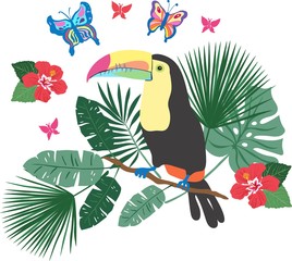 Colorful colourful tropical placement print vector illustration with a toucan parrot bird on a branch with leaves surrounded by flowers and butterflies
