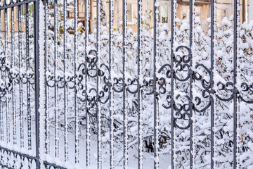 Closeup view of cold iron fence with snow cover. Snow covered decorative lattice