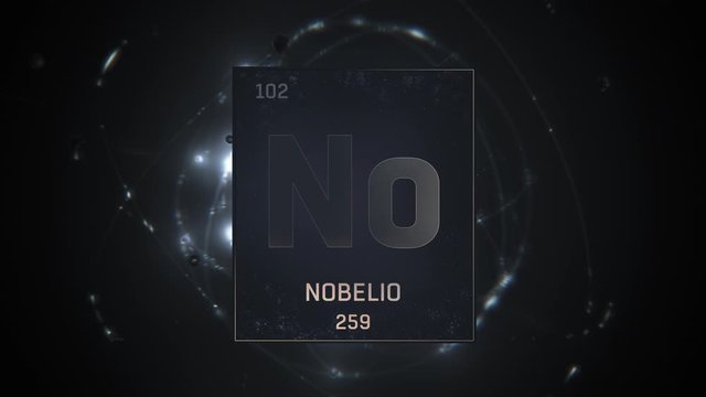 Nobelium as Element 102 of the Periodic Table. Seamlessly looping 3D animation on silver illuminated atom design background with orbiting electrons. Name, atomic weight, element number in Spanish lang
