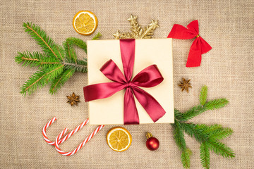 New Years Background. Christmas decoration isolated on linen texture. Xmas celebration pattern. Flat lay design. Copy Space