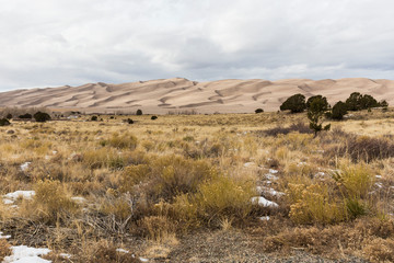 Landscape view of dunes at Great Sand Dunes National Park in Colorado, the tallest sand dunes in North America.