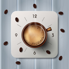 Alarm clock with hot coffee mugs and coffee beans on blue wooden floor. Vector illustrations