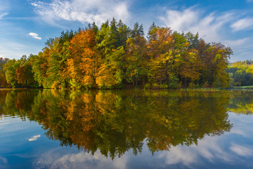 Fototapeta na wymiar Autumn morning at lake Thal near Graz, Styria region, Austria