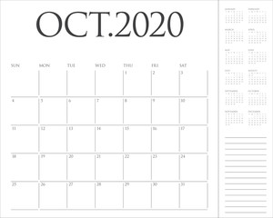 October 2020 desk calendar vector illustration